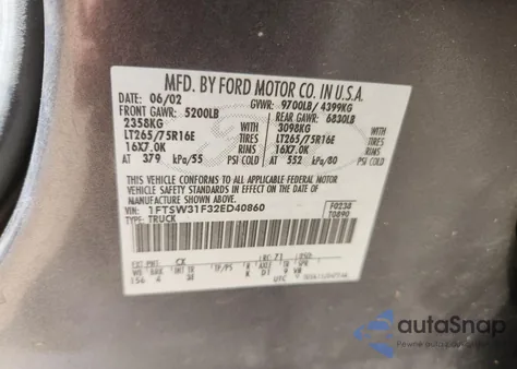 2002 Ford F350 Srw Super Duty из США, поврежденный, VIN 1FTSW31F32ED40860